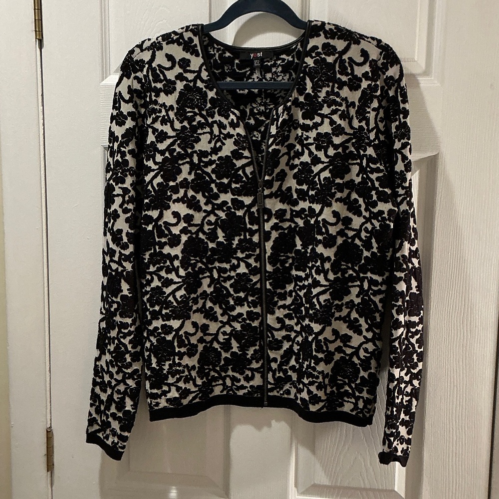 Elegant Black and Cream Floral Cardigan Size 12